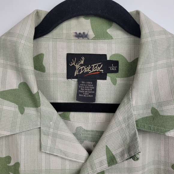 DICK IDOL Fish Print Shirt Linen Blend Green Size L Tall Relaxed Camp Fisherman - Picture 3 of 9